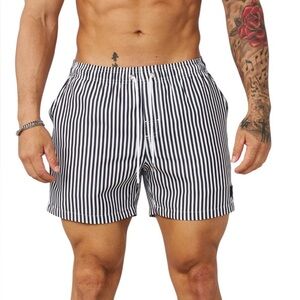 NWT YoungLA 1056 Striped Swim Shorts Black White Size Small 4’‎ inseam